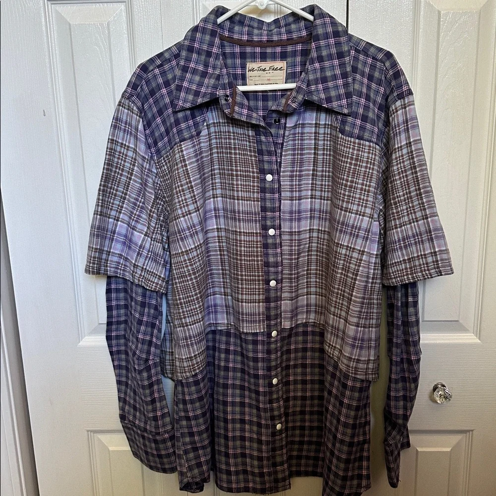 Free People We the Free Layer it Up Plaid Flannel Snap Down Top in Blue Combo